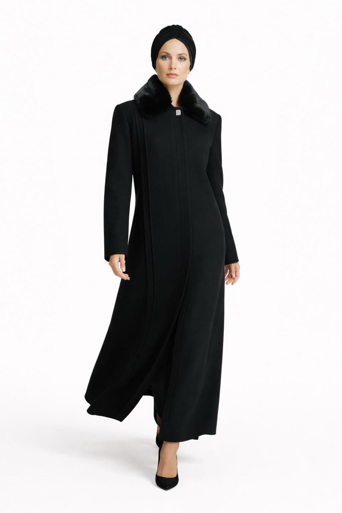 ESİN GİYİM  Yakası Çıkarılabilir Kürklü Büyük Beden Kaşe Palto - Görsel 4