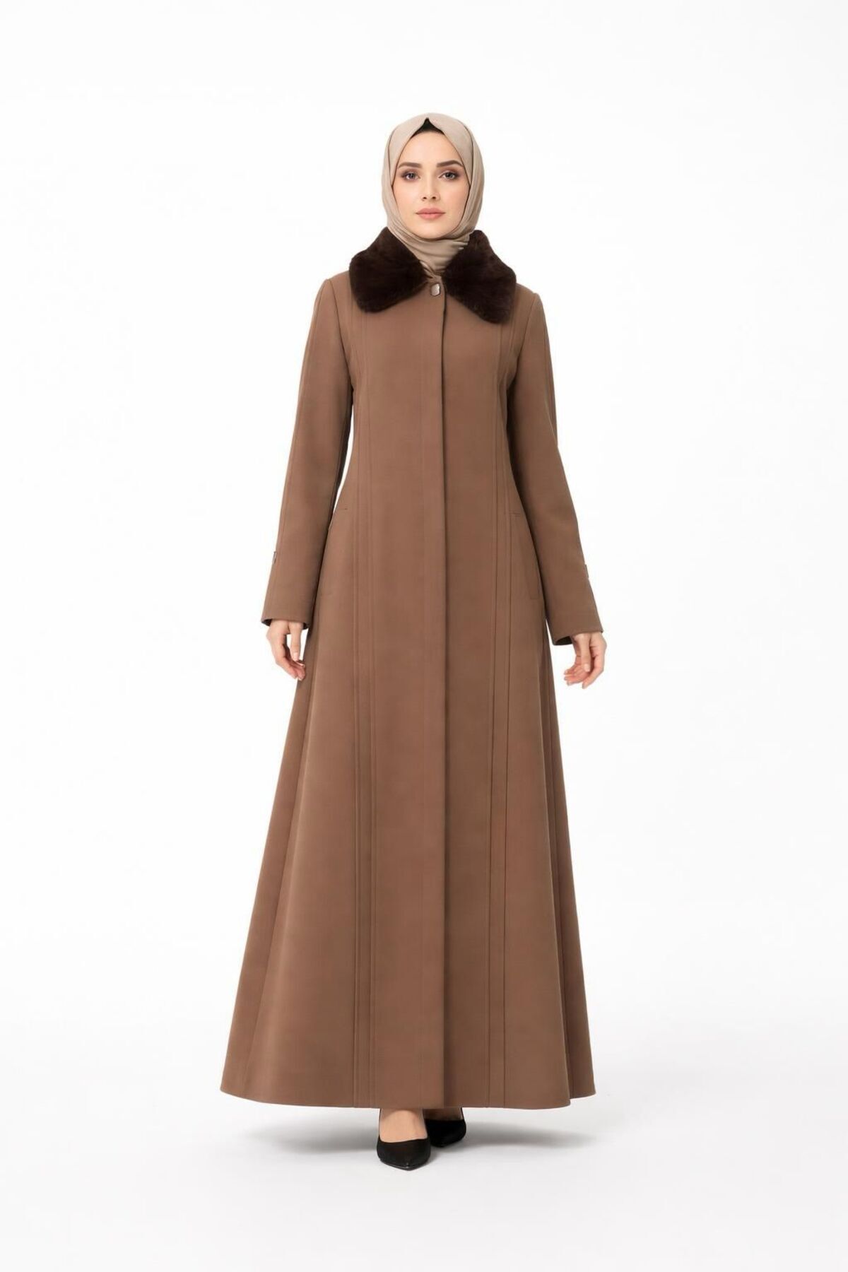 ESİN GİYİM  Yakası Çıkarılabilir Kürklü Büyük Beden Kaşe Palto - Görsel 3