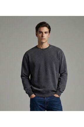 BİGOSSO Yıkamalı Bisiklet Yaka Oversize Sweatshirt 3 İplik