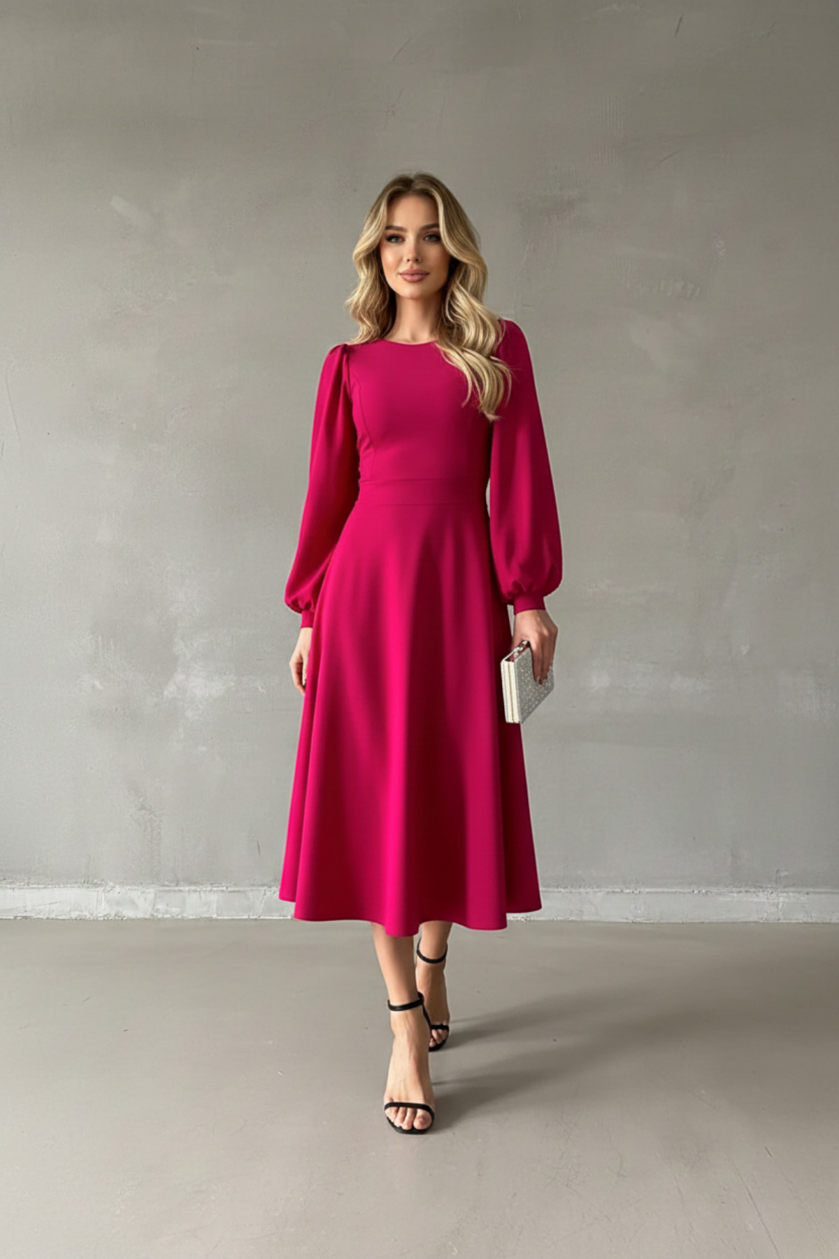 KHİ-ZAİ Women's Balloon Sleeve Midi Length Crew Neck Crepe Dress