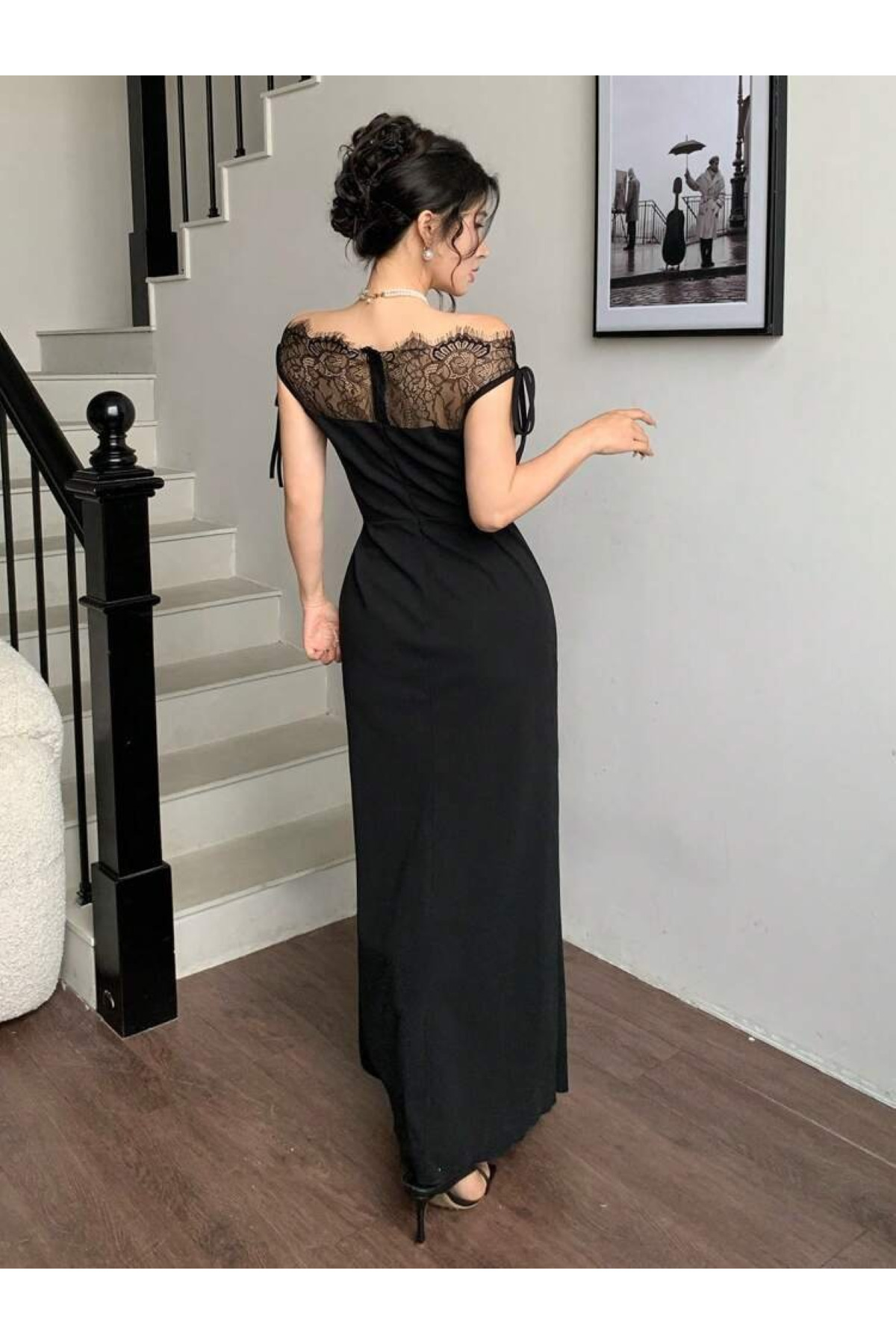 JANES  Kadın Göğüs Ve Yakası Dantel Detaylı Askılı Uzun Krep Trend Elbise, -Özel Gün Ve Davetler İçin - Görsel 5