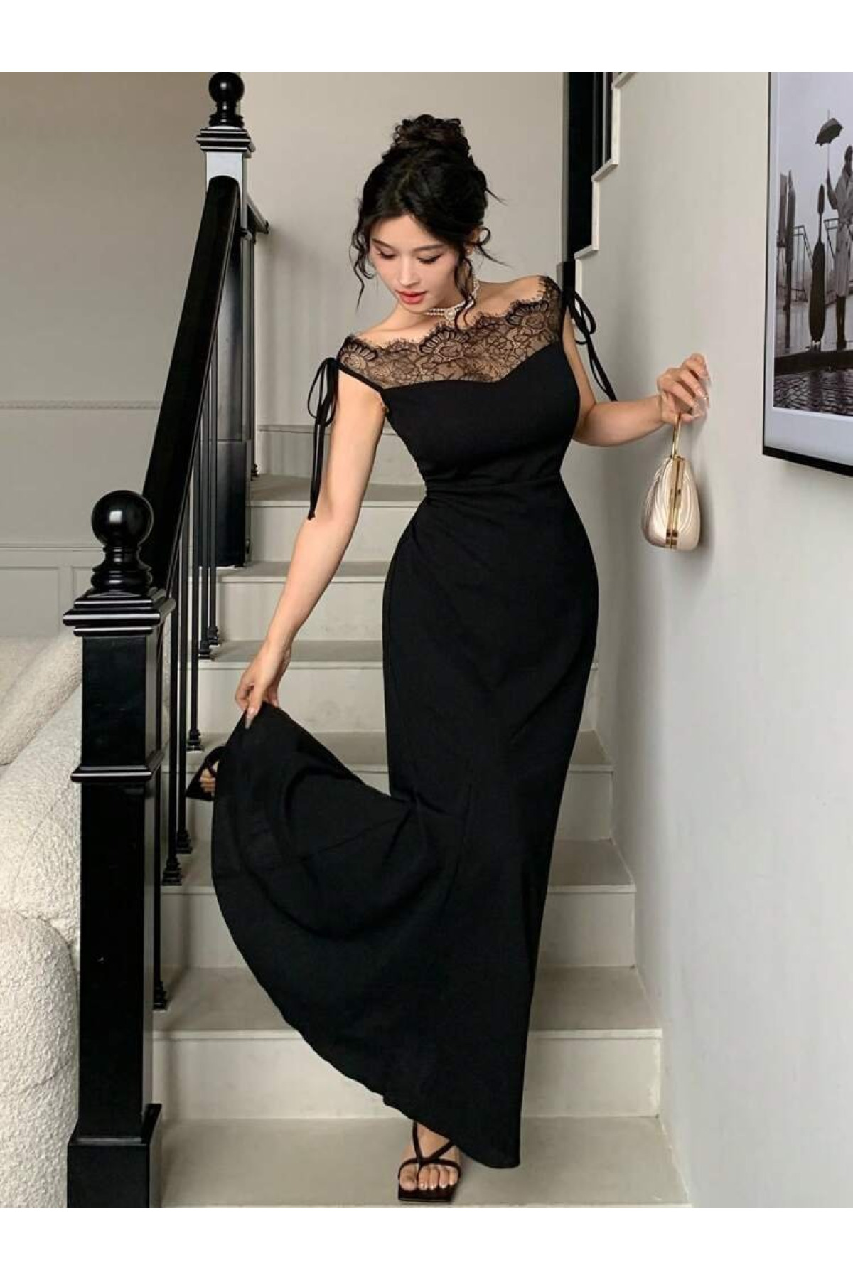 JANES  Kadın Göğüs Ve Yakası Dantel Detaylı Askılı Uzun Krep Trend Elbise, -Özel Gün Ve Davetler İçin - Görsel 2