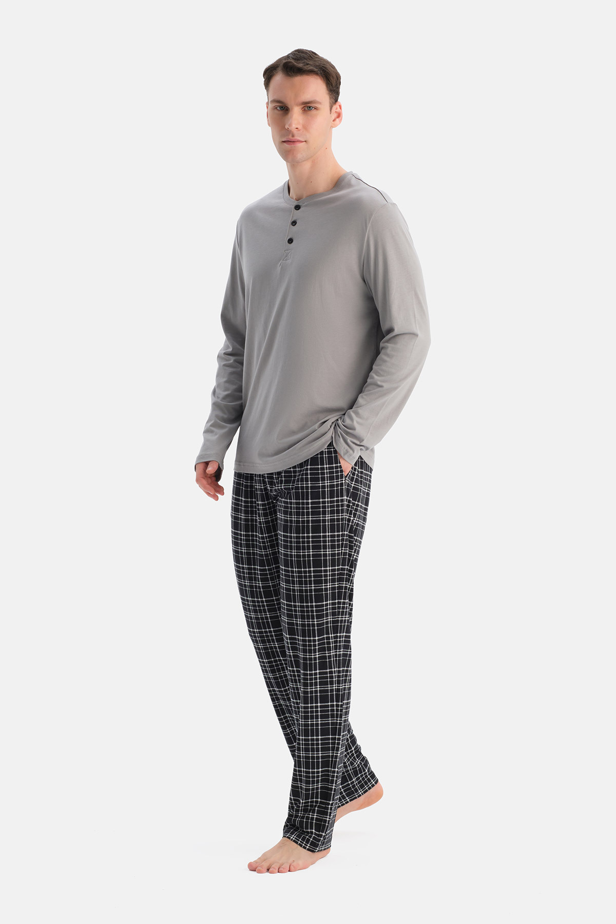 Dagi Gri Uzun Kollu Pat Detaylı Tişört Ekose Pantolon Pijama Takımı görsel 4