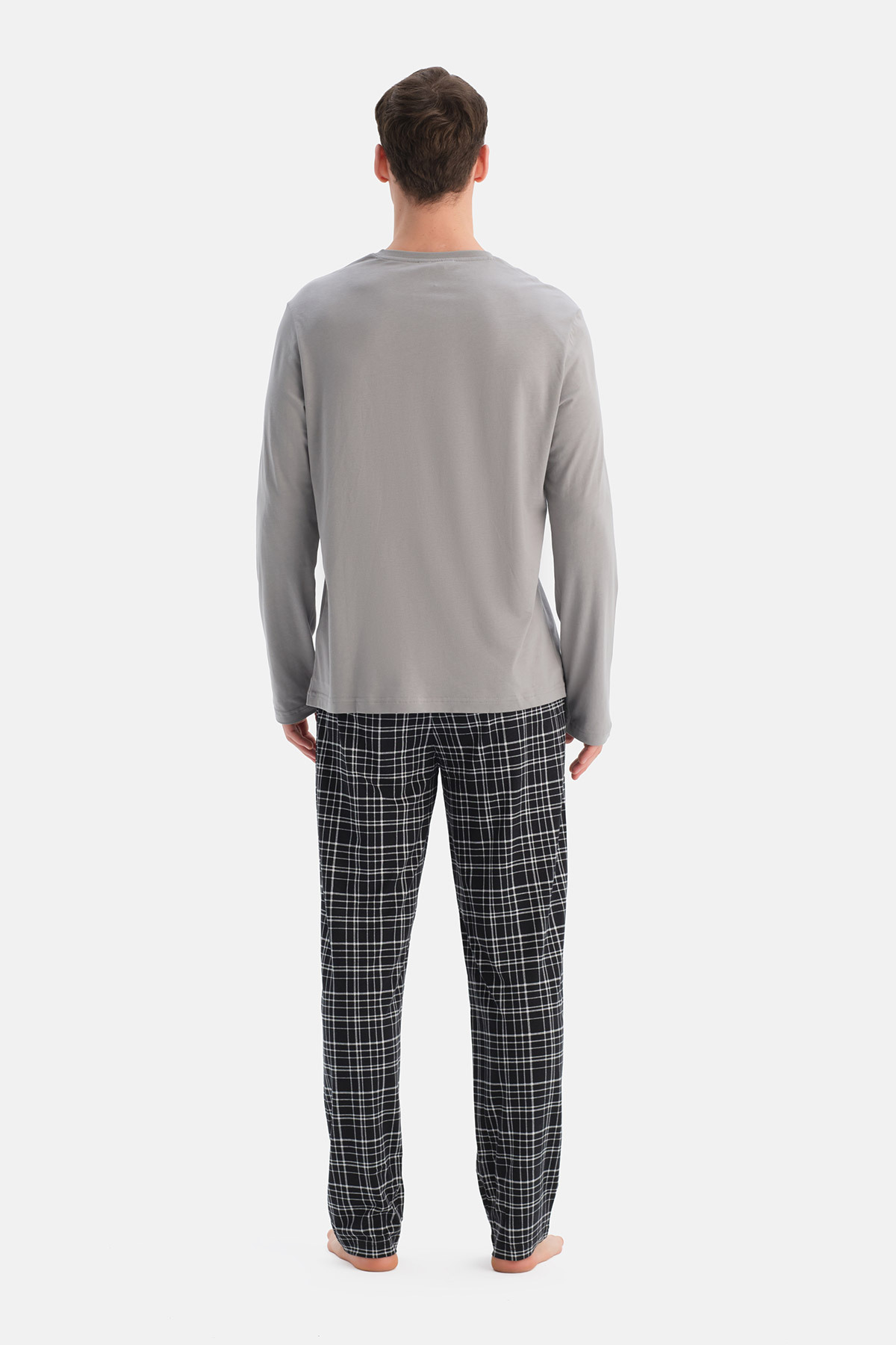 Dagi Gri Uzun Kollu Pat Detaylı Tişört Ekose Pantolon Pijama Takımı görsel 2