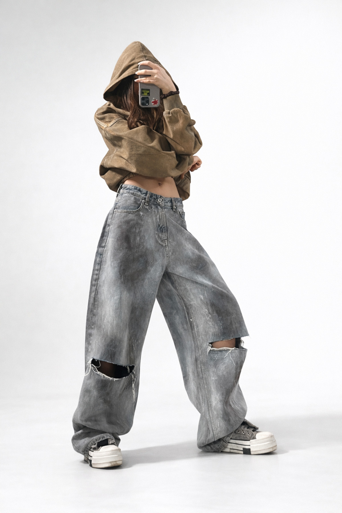 Alien 1979  Kadın Gri Kaplamalı Bol Paça Yırtık Jean Pantolon - Görsel 3