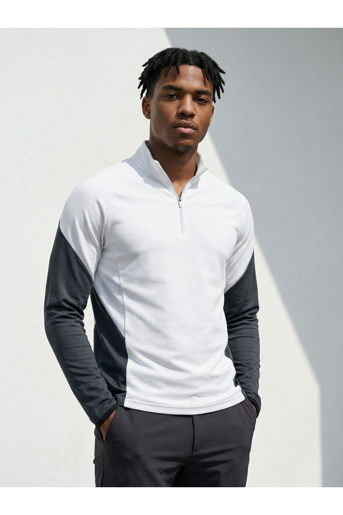 CLAW UP WORK Gramajlı Modal Kumaş Parça Detaylı Parmak Geçmeli Yarım Fermuarlı Erkek Beyaz-Antrasit Sweatshirt görsel 3