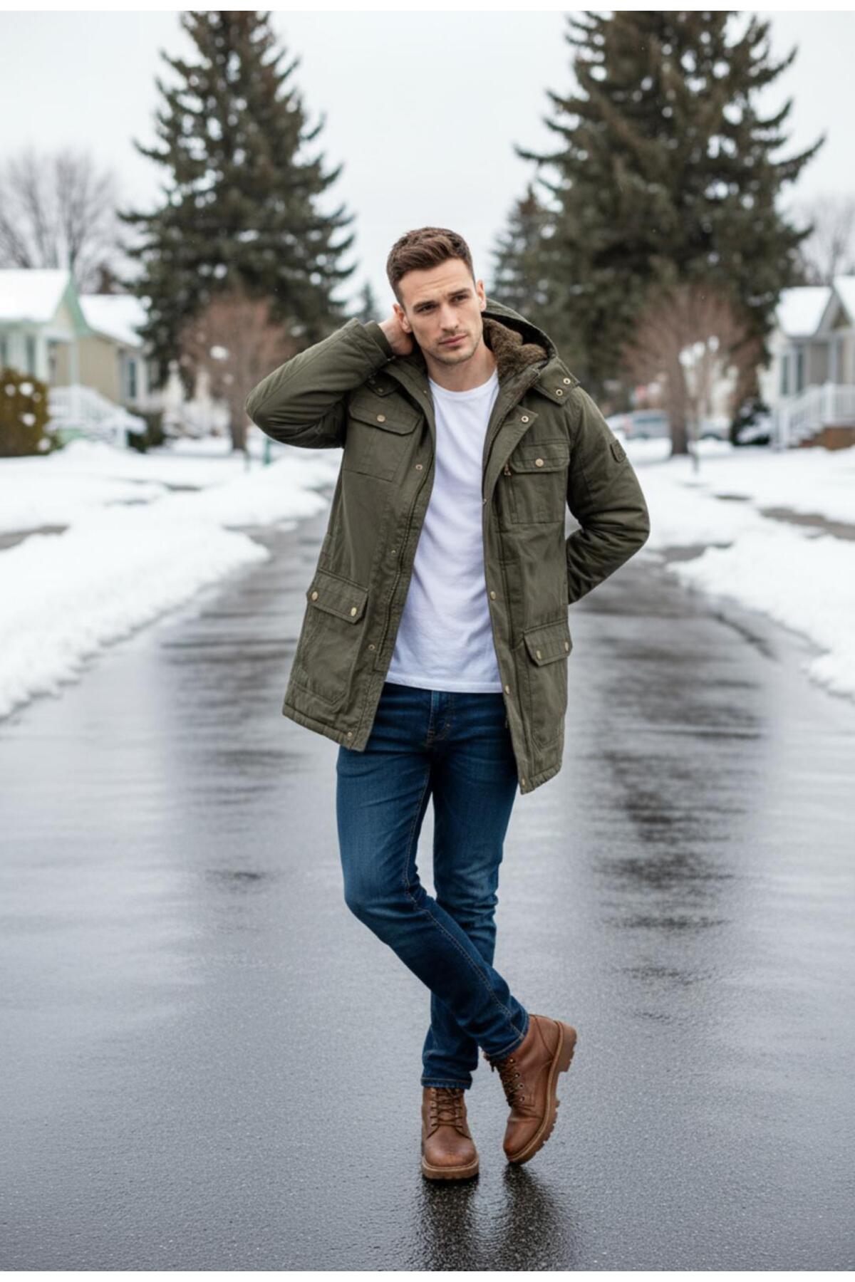 Dynamo  Erkek Askeri Yeşil Kapüşonlu Kürk Astarlı Su Geçirmez Kaplamalı Kalın Kaban - Görsel 4