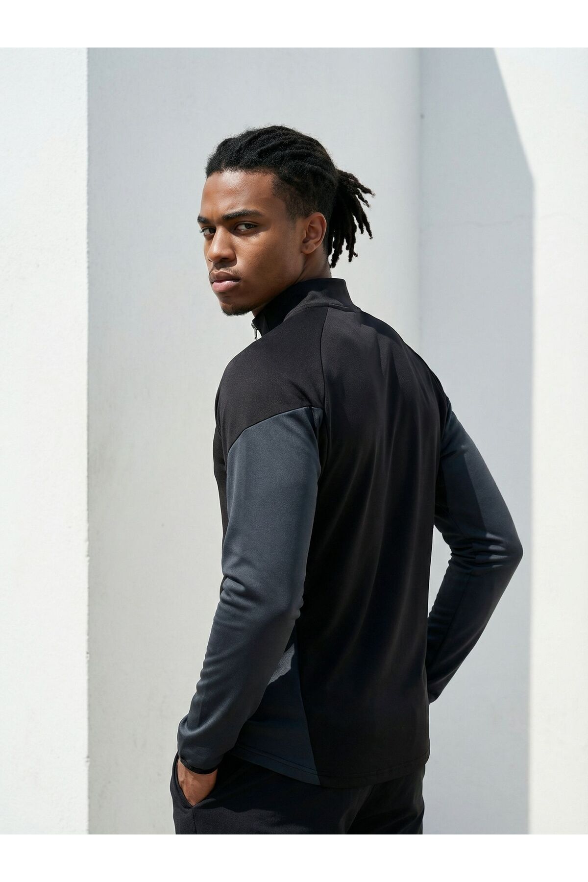 CLAW UP WORK Gramajlı Modal Kumaş Parça Detaylı Parmak Geçmeli Yarım Fermuarlı Erkek Siyah-Antrasit Sweatshirt görsel 4