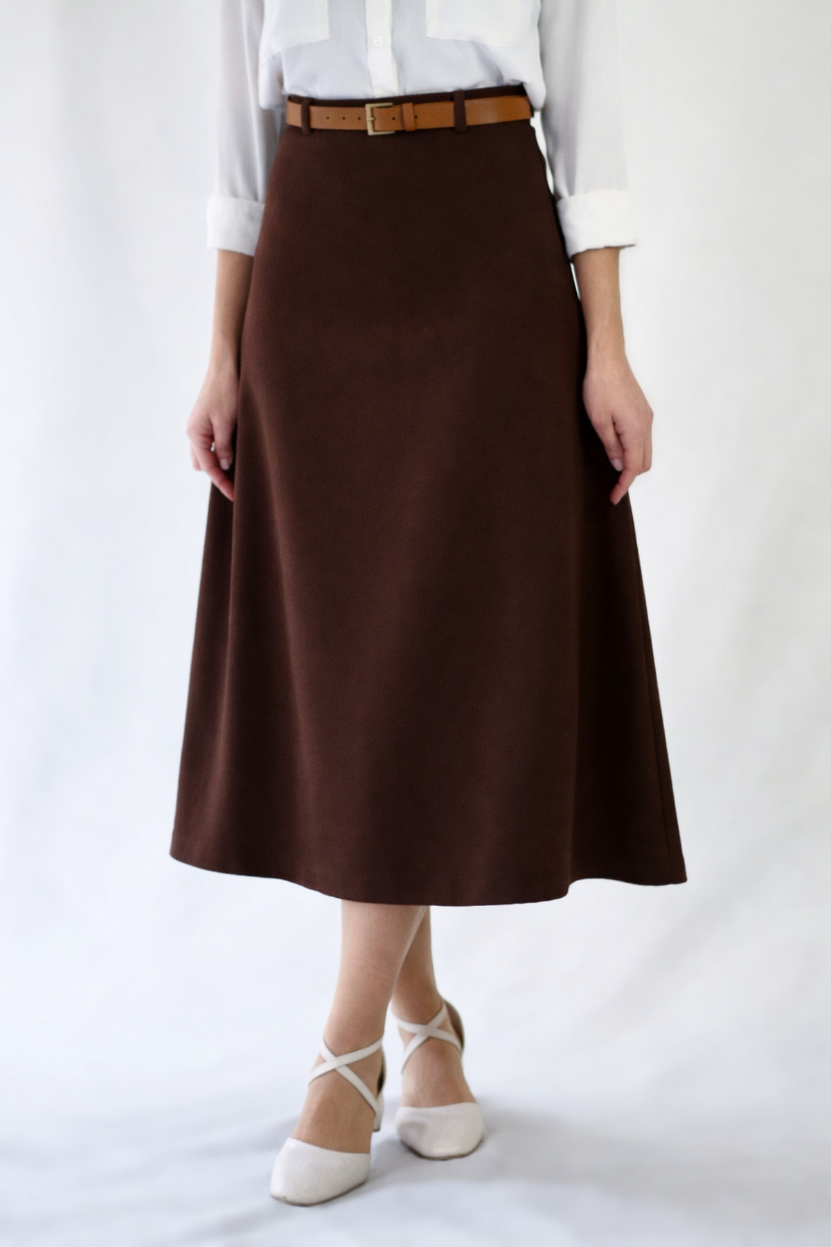 YAXİ  KEMER DETAYLI MİDİ BOY BOL KAHVERENGİ DOKUMA ETEK - Görsel 2