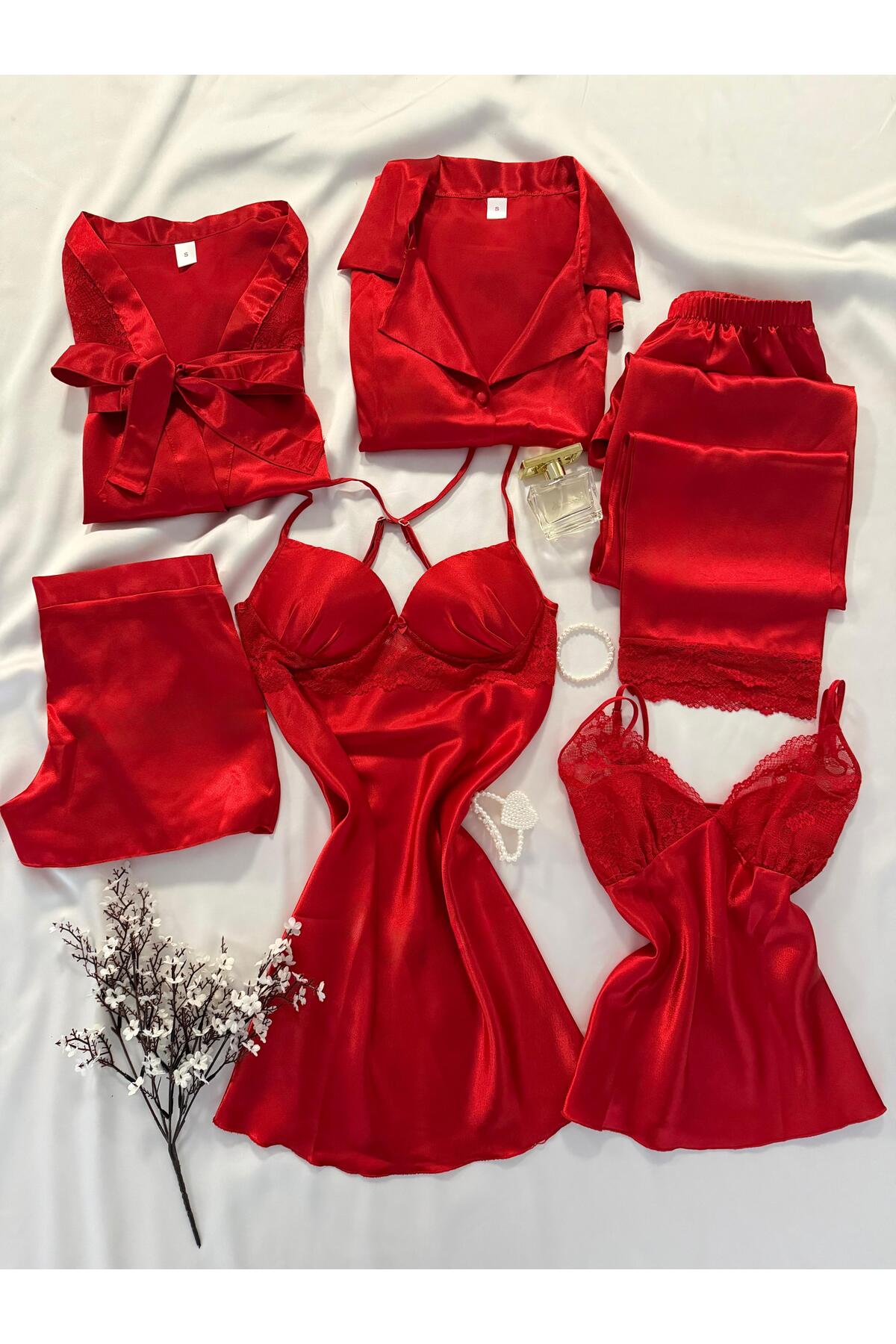 6-Piece Red Alexa Boxed Six-Piece Covered Nightgown Pajamas Dowry Set