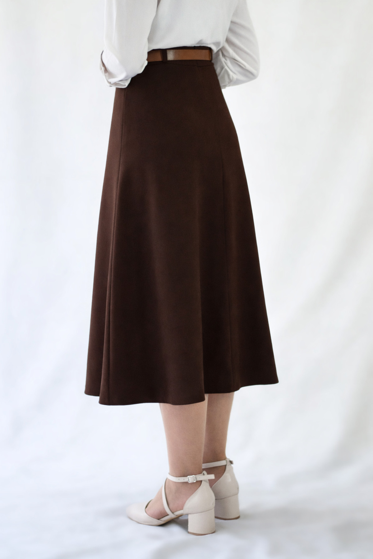 YAXİ  KEMER DETAYLI MİDİ BOY BOL KAHVERENGİ DOKUMA ETEK - Görsel 3