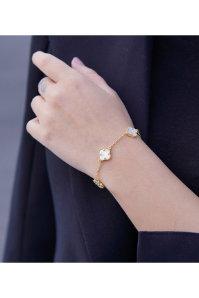 Amora Perla Jewelry 925 Ayar Gümüş Beyaz Yonca Model Bileklik – 14 Ayar Altın...