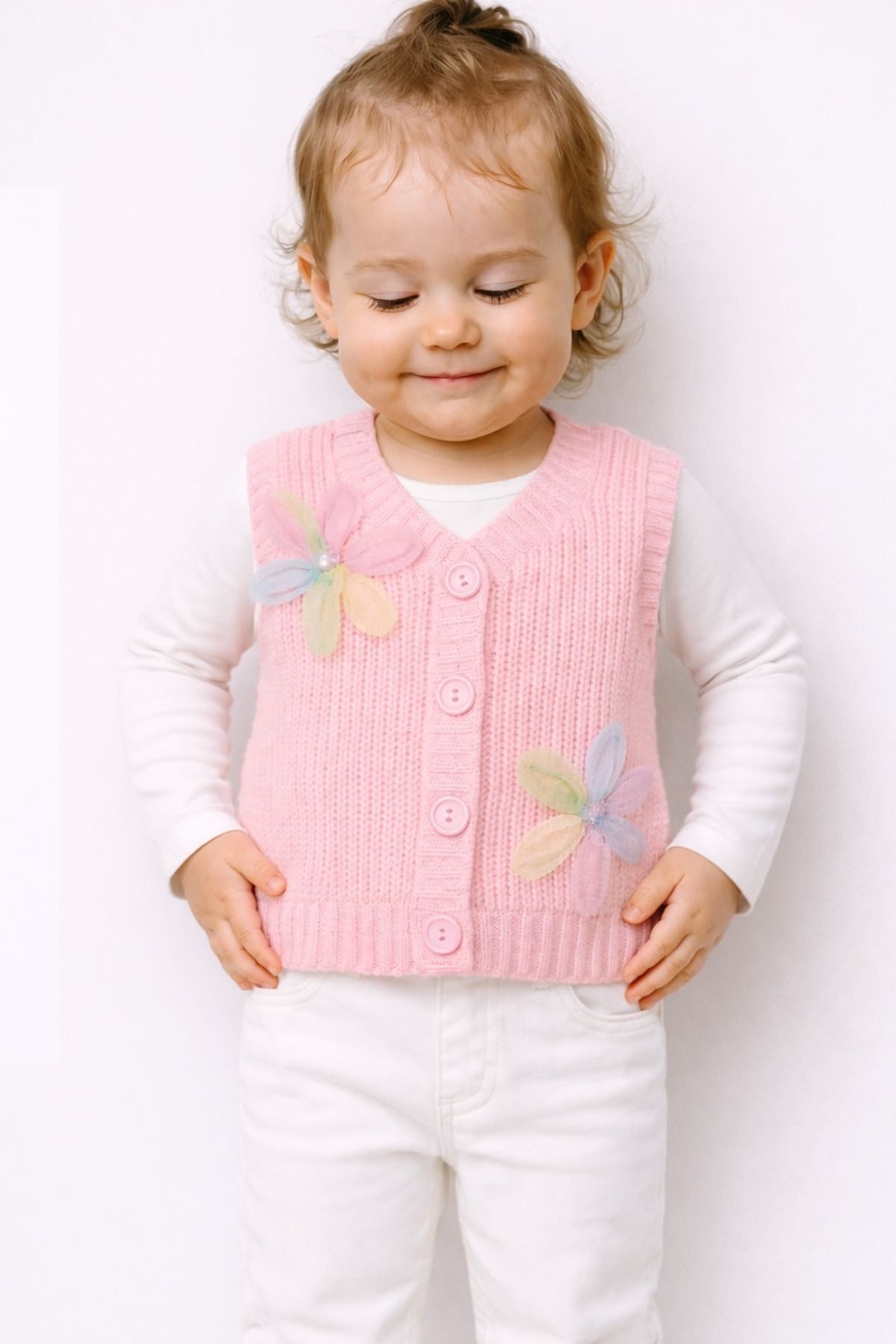 Minytrendy 2'li Set Kız Bebek Çocuk Çiçek Detaylı Düğmeli Triko Selanik Örgü Kız Bebek Çocuk Yelek fotoğrafı 2 (önizleme)
