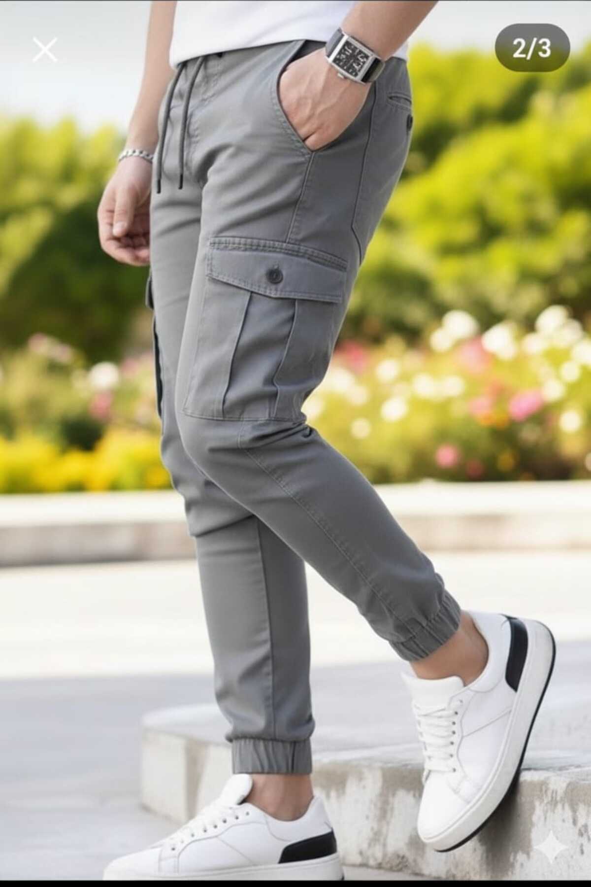 LEFNY COLLECTİON  Beli Ve Paçası Lastikli Rahat Kaliteli Yanları Cepli Gri Kargo Pantolon - Görsel 2