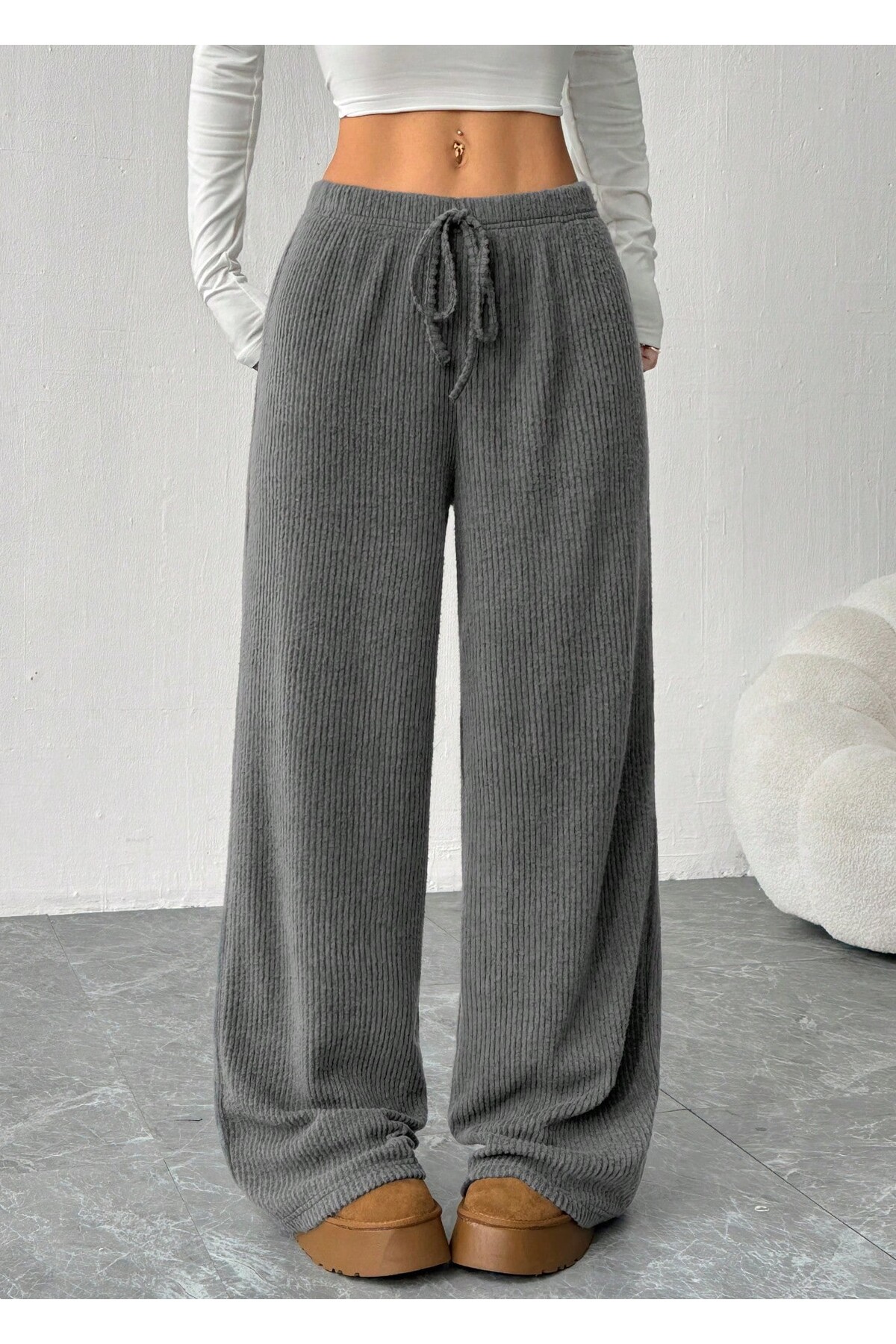 Hera Moda Дамски панталони с широки крачоли, връзки в талията и нов ребрист т...