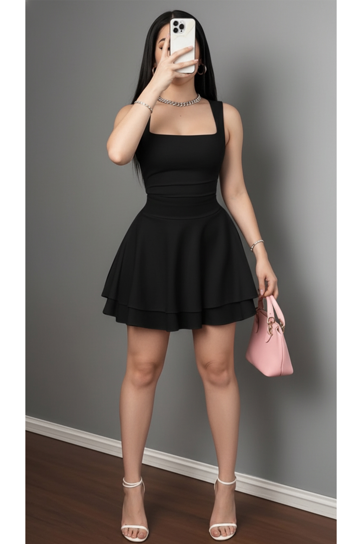 Edela  Kare Yaka Geniş Askılı Kloş Siyah Elbise - Görsel 2