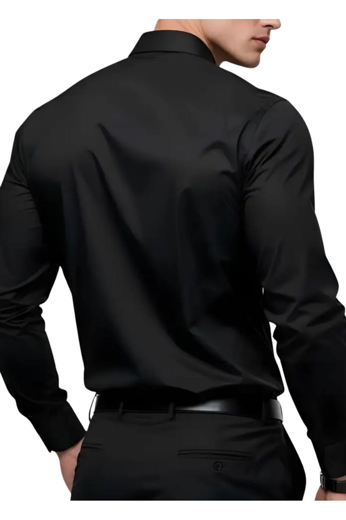 vahik  Siyah Pamuklu Saten Fit Kesim Gömlek - Görsel 2