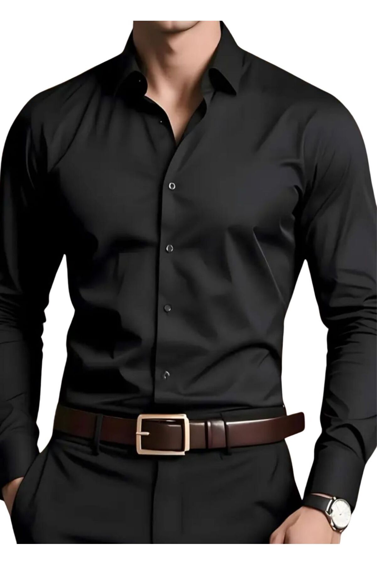 vahik  Siyah Pamuklu Saten Fit Kesim Gömlek