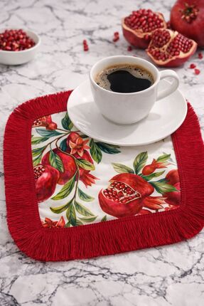 Karam Home Nar Desenli Kırmızı Saçaklı Sunum Peçetesi Kahve ve Kokteyl Peçetesi