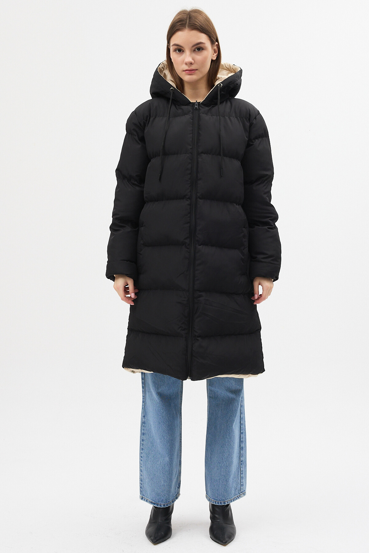 TREND KOMBİN Широкий двосторонній чорно-кремовий довгий надувний плащ, водо- ...