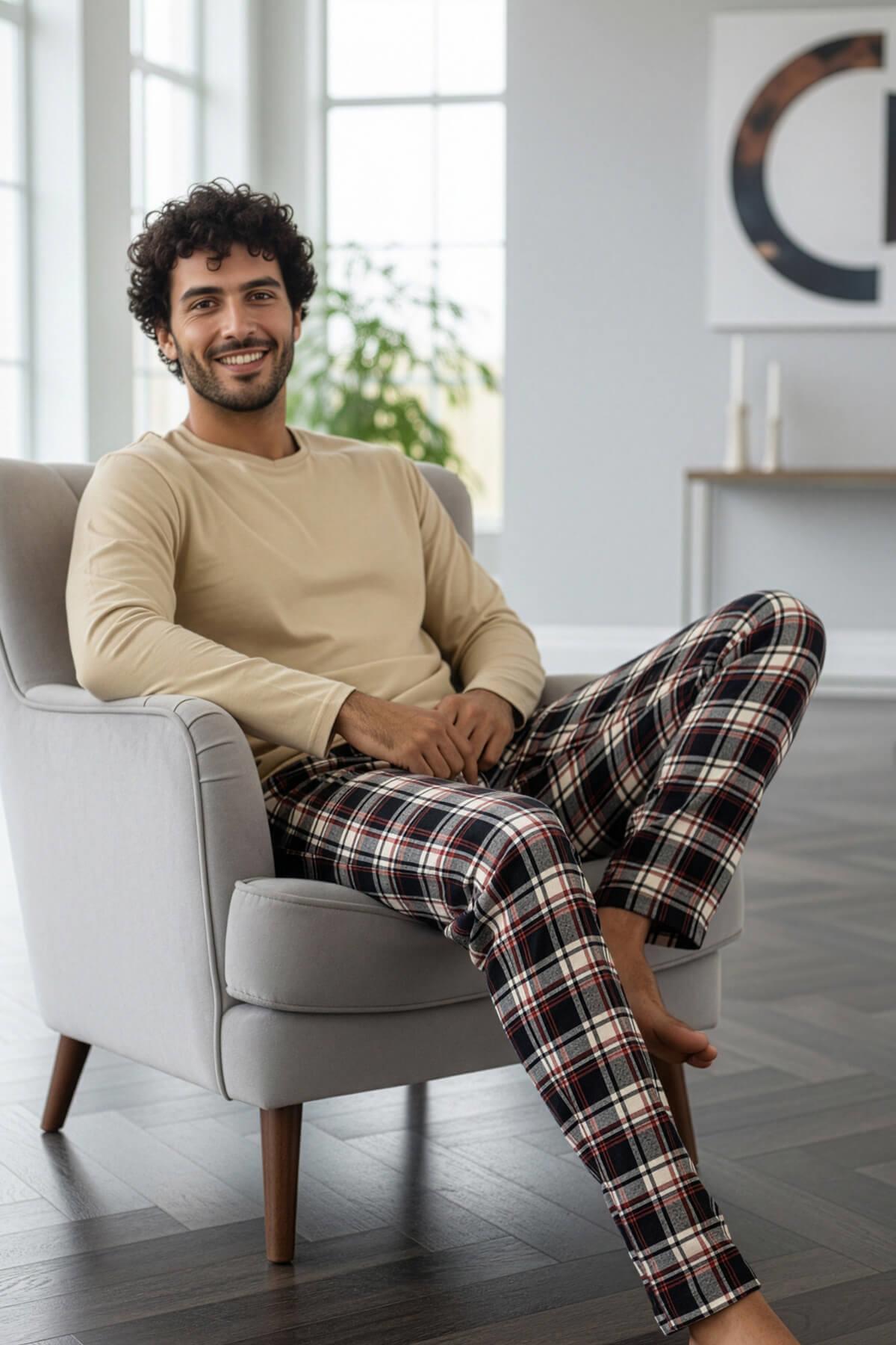 Pijamaevi Bej Stylish Erkek Uzun Kol Pijama Takımı görsel 3