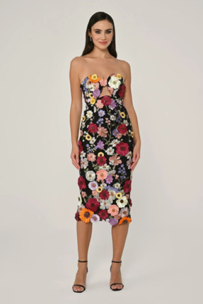 ALFABETA KADIN ABİYE STRAPLEZ ÇİÇEK APLİKE DETAYLI ŞIK ABİYE ELBİSE