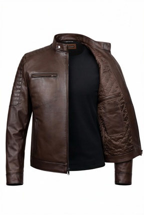 VELZANA Erkek Kuzu Derisi Deri Ceket Kahverengi – Slim Fit, Fermuarlı, Kapito...