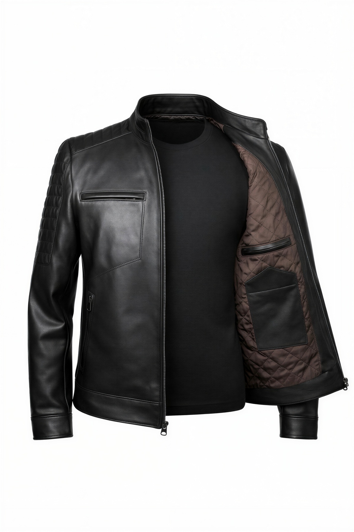 VELZANA  Erkek Kuzu Derisi Deri Ceket Kahverengi – Slim Fit, Fermuarlı, Kapitone Omuz Detay