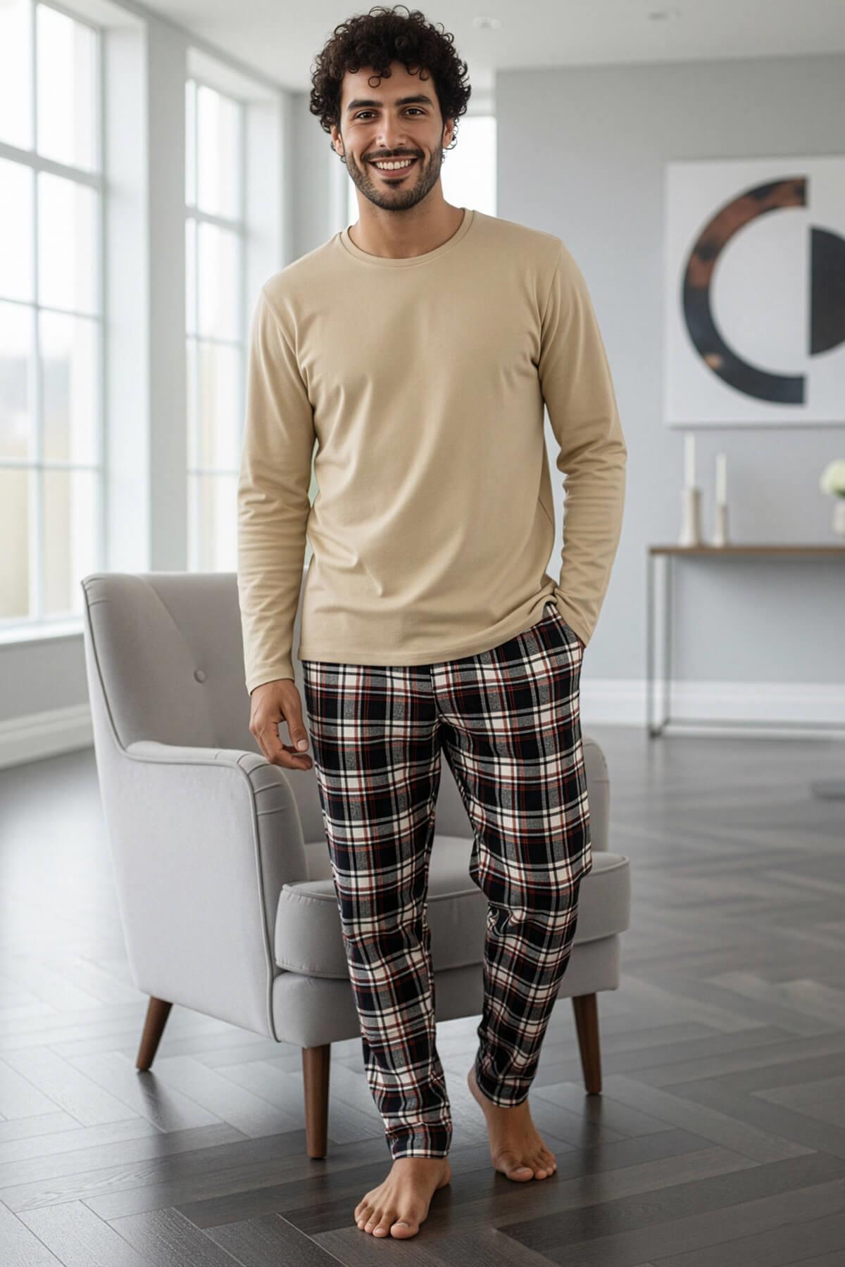 Pijamaevi Bej Stylish Erkek Uzun Kol Pijama Takımı görsel 5