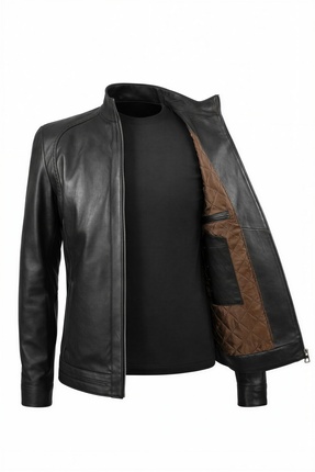 VELZANA Erkek Kahverengi Hakiki Deri Ceket – Dik Yaka, Puntolu Kapitone Astar...