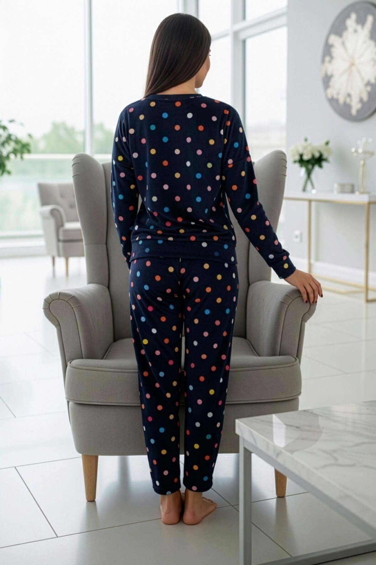 Pijamaevi Lacivert Puan Desenli Veloura Soft Kadın Pijama Takımı görsel 6