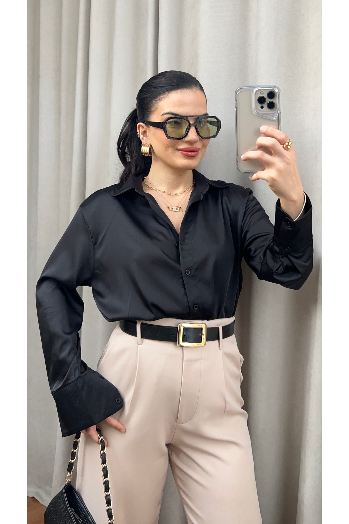 Butik Siyah Saten Gömlek