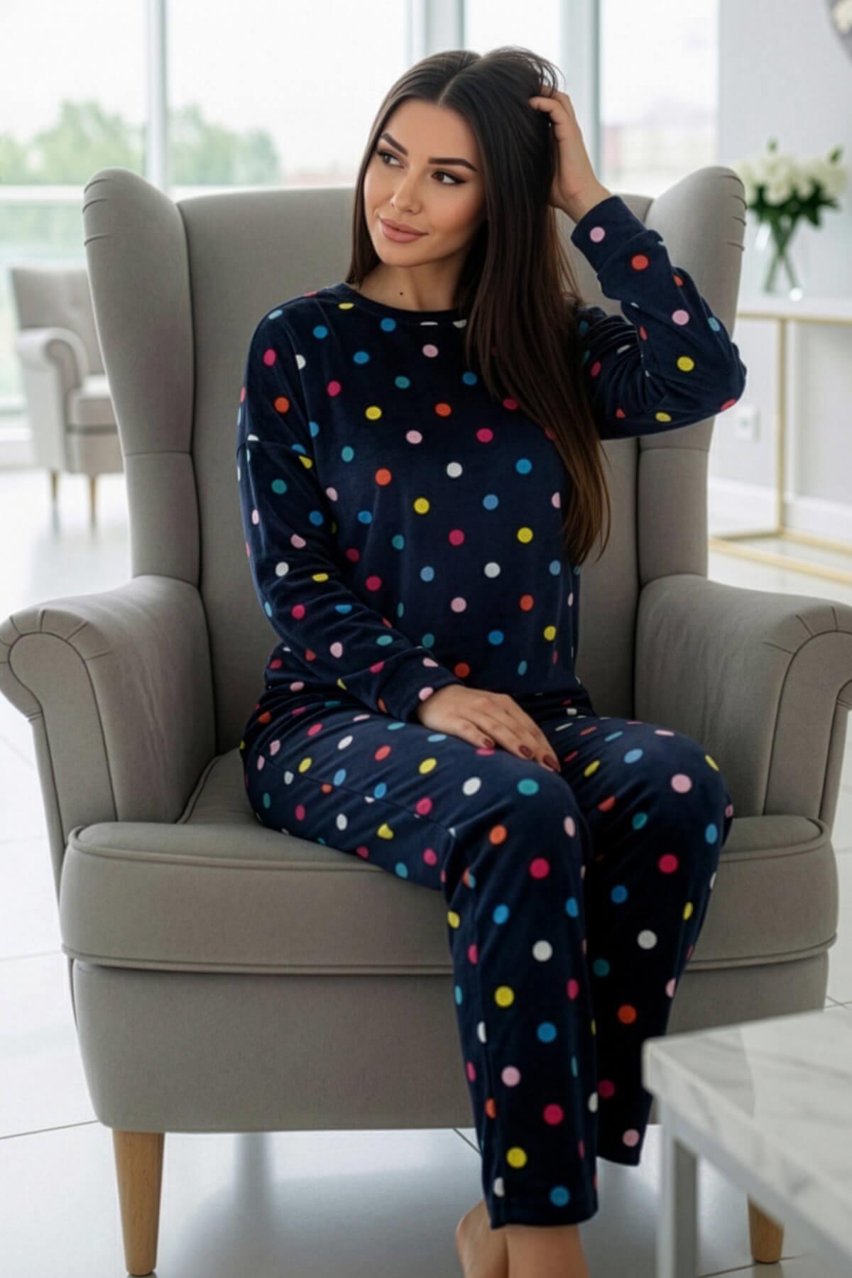 Pijamaevi Lacivert Puan Desenli Veloura Soft Kadın Pijama Takımı görsel 2