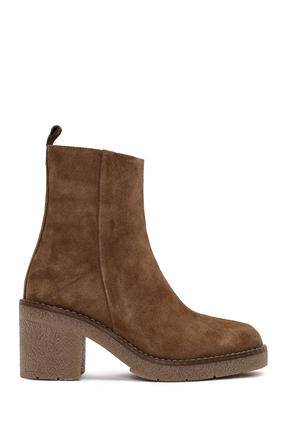 Derimod Kadın Bej Fermuarlı Kalın Topuklu Süet Deri Bot 25WFD203610