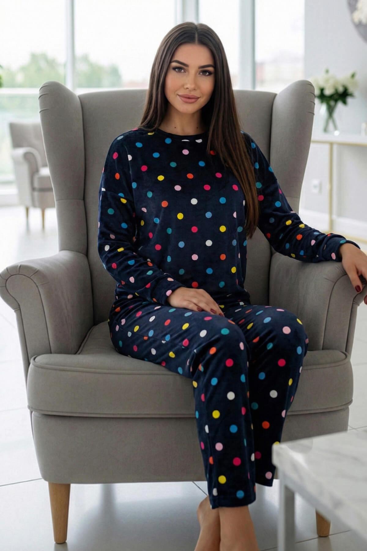 Pijamaevi Lacivert Puan Desenli Veloura Soft Kadın Pijama Takımı görsel 4