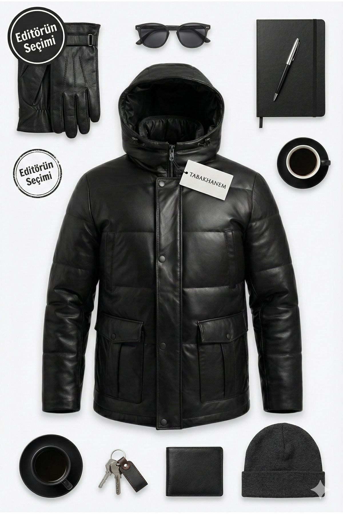 VELZANA  Erkek Siyah Hakiki Deri Şişme Kaban Mont | Kapüşonlu, Fermuarlı, Çıtçıtlı, Cepli