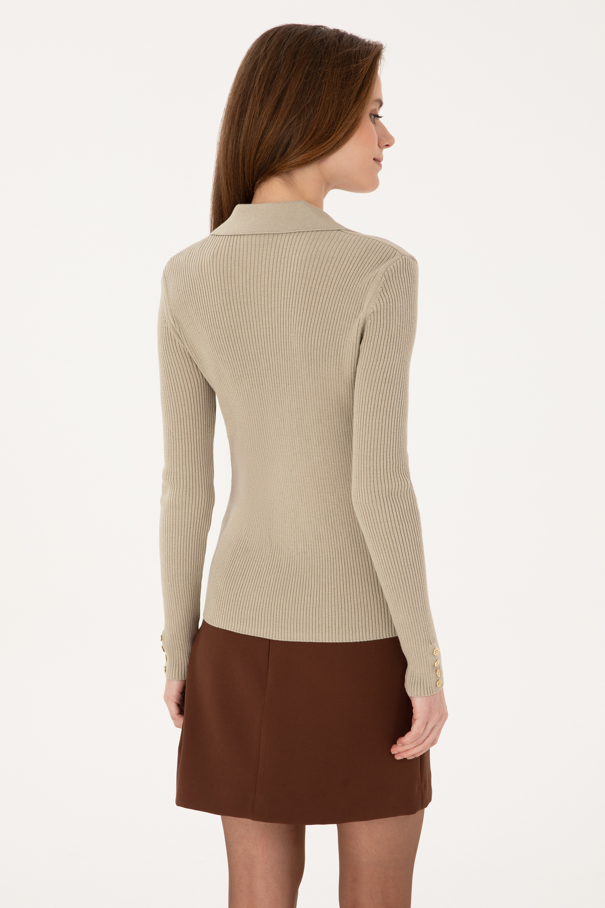 U.S. Polo Assn.  Kadın Açık Haki Düğme Detaylı Polo Yaka Kazak 50317524-VR183 - Görsel 5