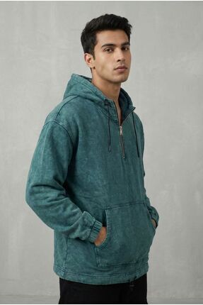 BİGOSSO Yıkamalı Fermuarlı Kapüşonlu Sweatshirt Pamuk