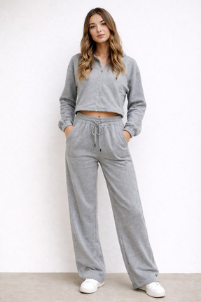 Combout Kadın Kapüşonlu Önü Fermuarlı Polar Eşofman Takımı Bol Paça