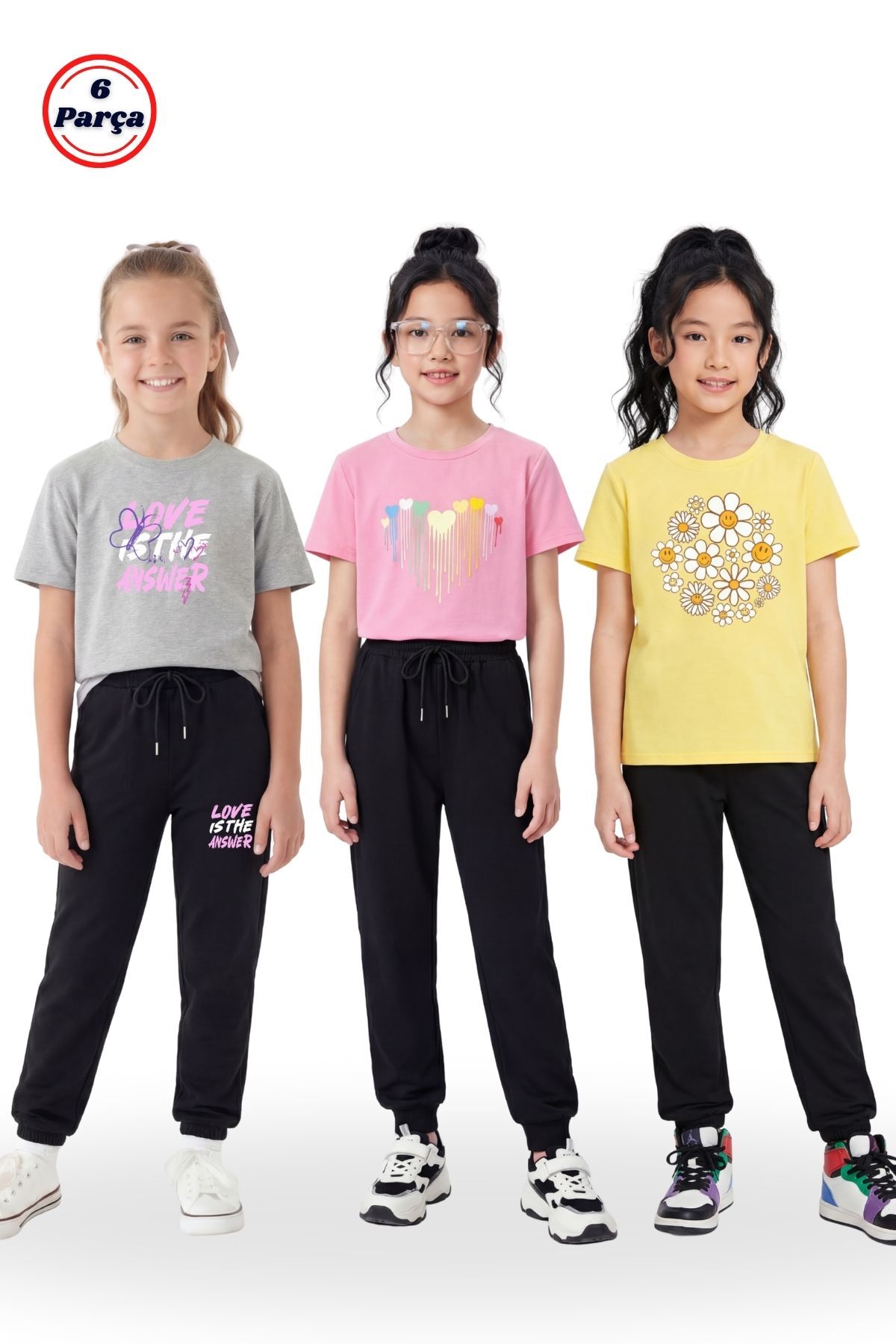 3-Piece Round Neck T-Shirt Print Detail Girl 6-Piece Bottom Top Set