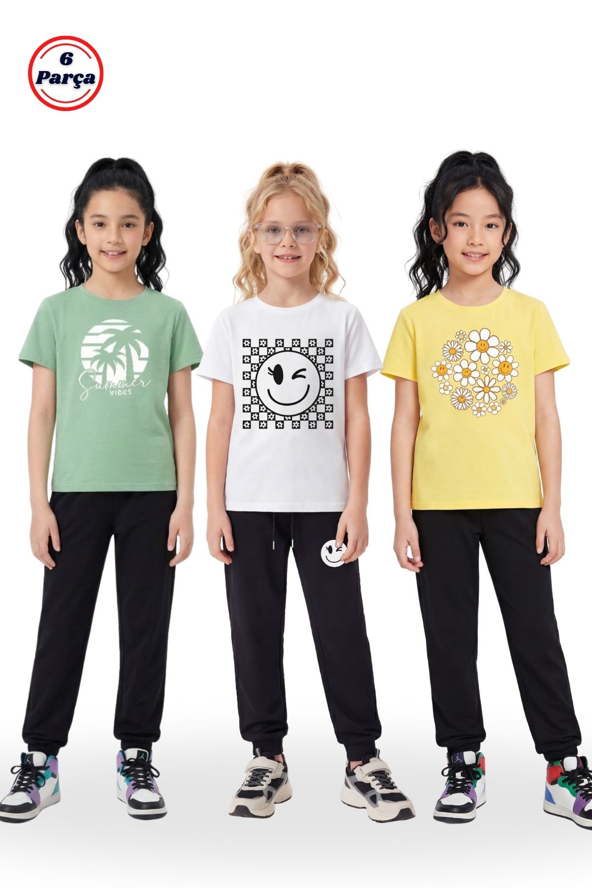 3-Piece Round Neck T-Shirt Print Detail Girl 6-Piece Bottom Top Set