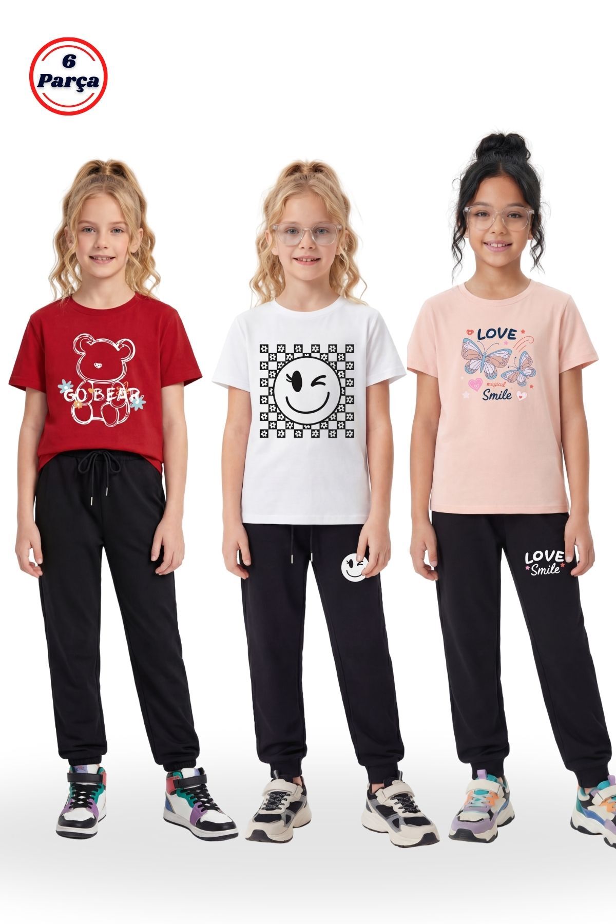 3-Piece Round Neck T-Shirt Print Detail Girl 6-Piece Bottom Top Set