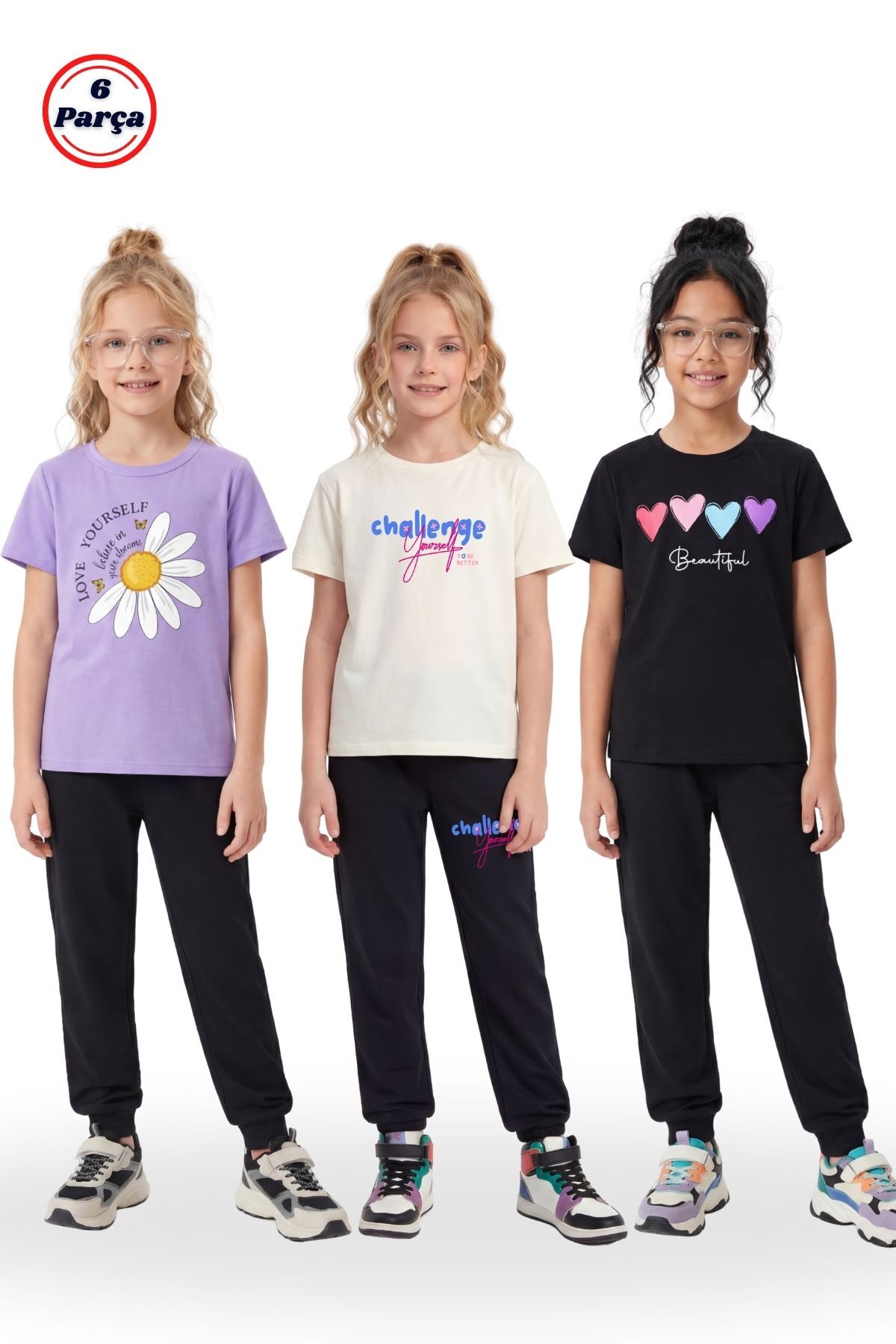 3-Piece Round Neck T-Shirt Print Detail Girl 6-Piece Bottom Top Set