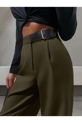 DUUE FASHİON Kadın Yarım Kemerli Bol Paça Palazzo Kumaş Pantolon