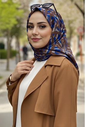 İmajButik Kahverengi Saks Soft Dijital Pamuklu Eşarp