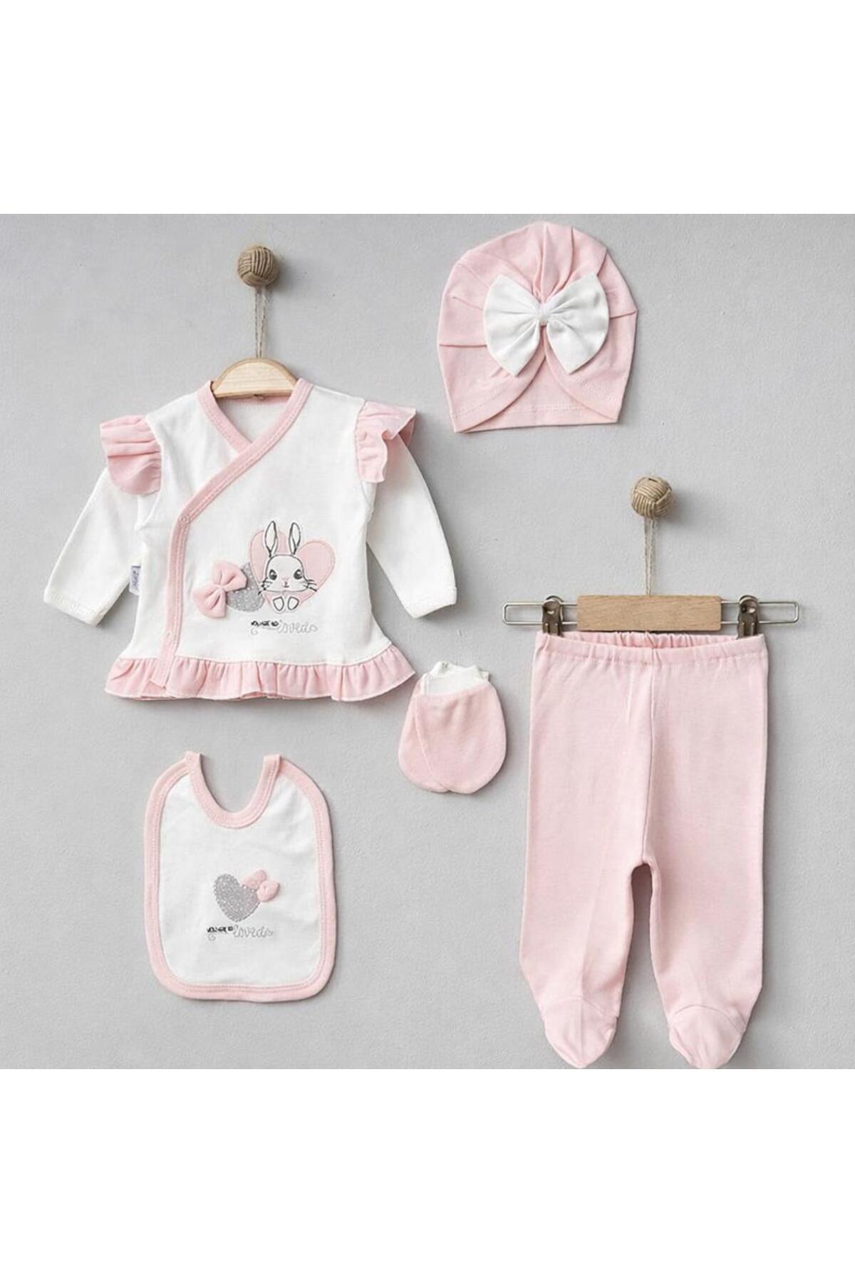 BYS BABY FASHION %100 Pamuklu 5'Li Sevimli Tavşan Desenli Yenidoğan Kız Bebek Hastane Çıkış Zıbın Seti(Kutulu) 0-3 Ay fotoğrafı 4 (önizleme)