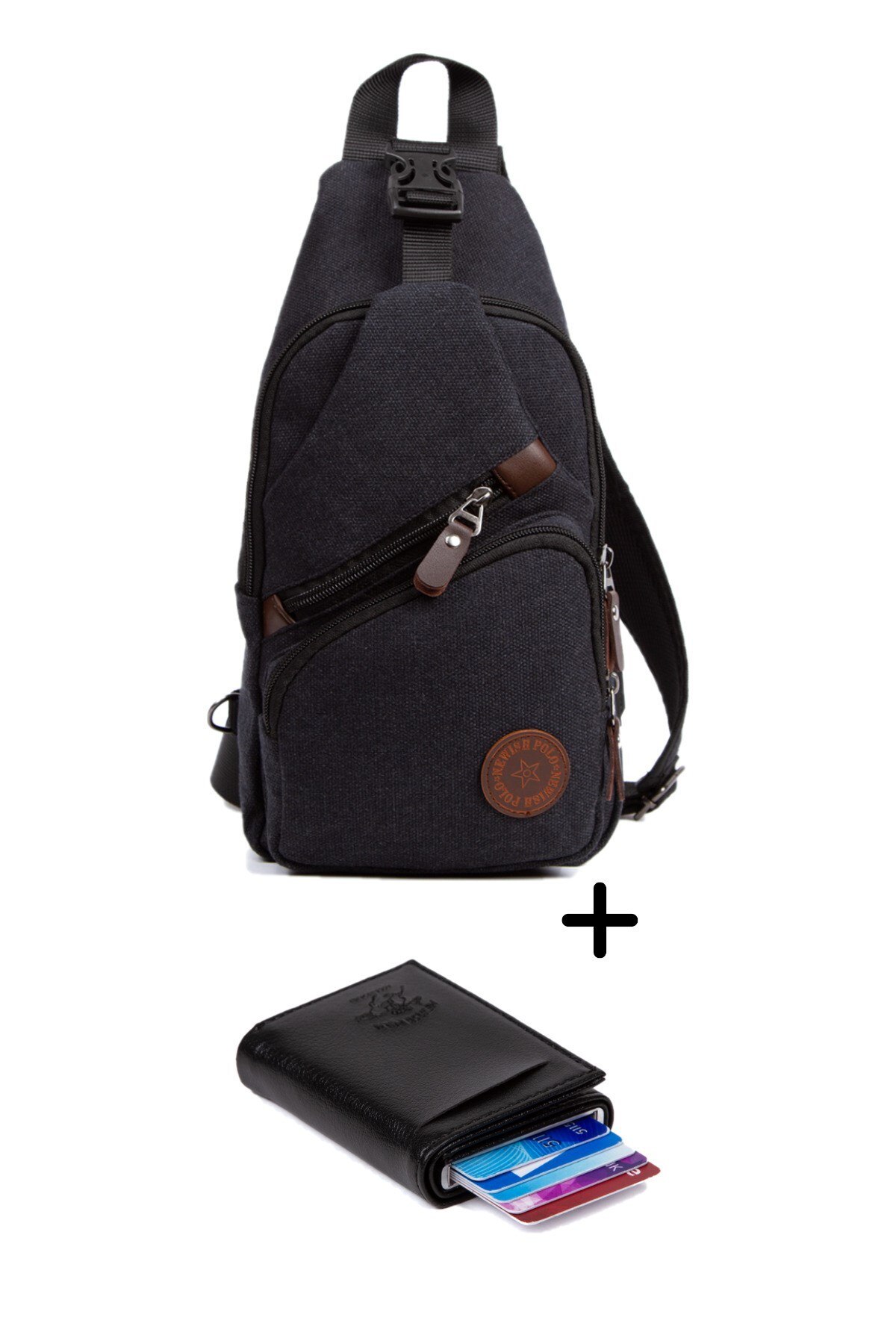 Newish Polo  Erkek Kanvas Kumaş Omuz Çantası ve Mekanizmalı Cüzdan Ve Kartlık
