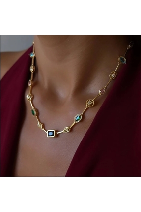 Çelik Renkli taşlı altın kaplama kolye