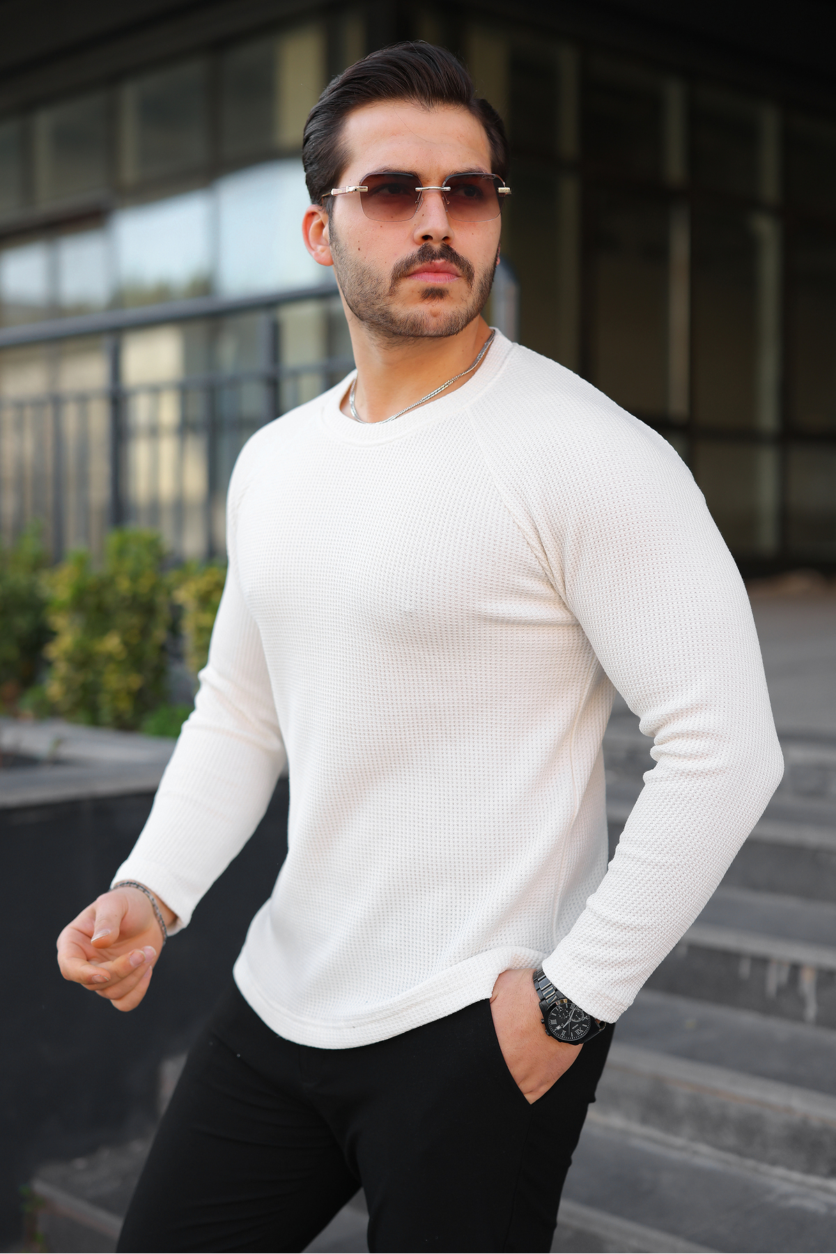 Erkek Trend Basic Slim Fit Bisiklet Yaka Beyaz Kazak — سفید E0204-12 — تصویر 5 از 5
