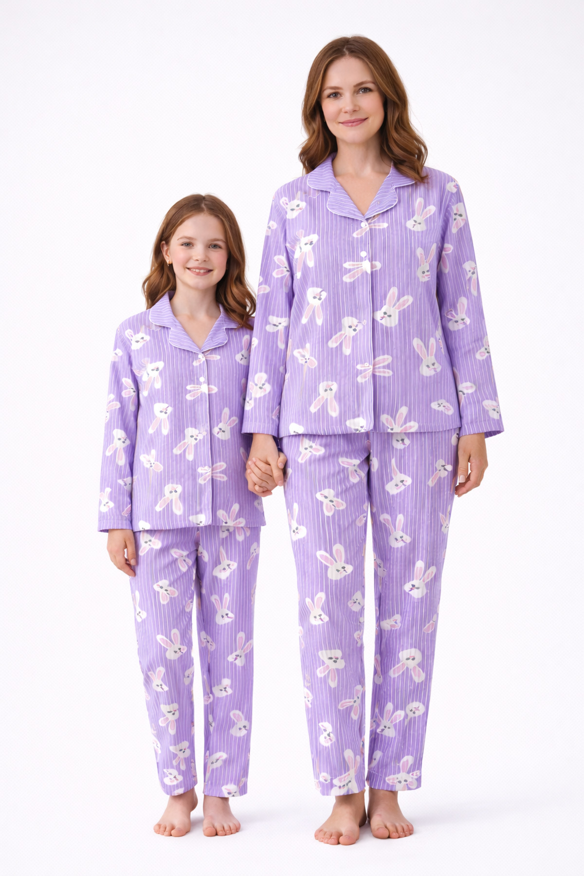 Lilac Striped And Rabbit Pattern Long Sleeve Front Buttoned Shirt Collar Mother Girl Pajamas Set Combination